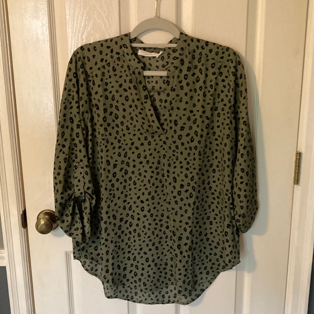 Lush Green and Black Leopard Print Split Neck Blouse